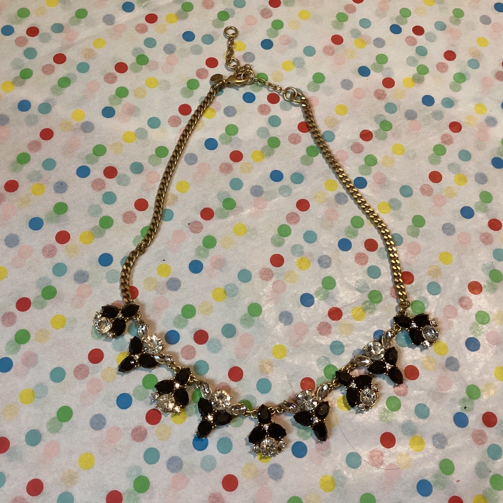 J Crew Necklace, Rhinestone, Black Gems, Gold Costume Lobster Claw Floral Adjust